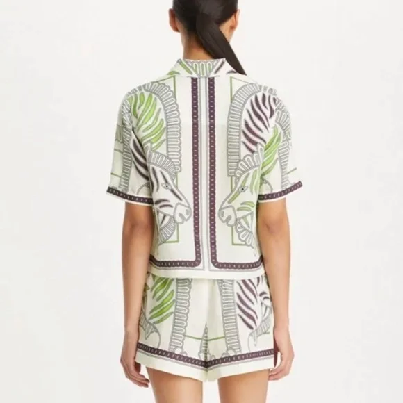 Tory Burch Printed Linen Camp Shirt – Ivory Zebra Scarf (Size Small) | NEW - Picture 4 of 8